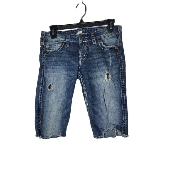 Silver Jeans Twisted Bootcut Reworked Denim Blue Jean Bermuda Shorts Size 26 - Picture 1 of 13
